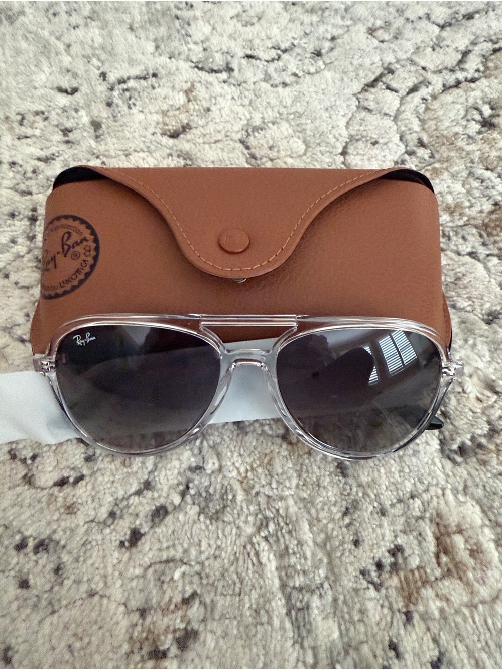 Ray-Ban Clear Frame Sunglasses with Gray Lenses and Brown Case